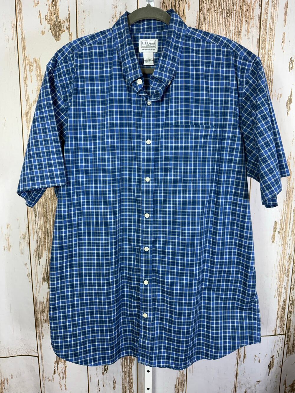 L.L. Bean, Blue Plaid Cotton Short Sleeve Button Up Shirt. Size XL-Tall.